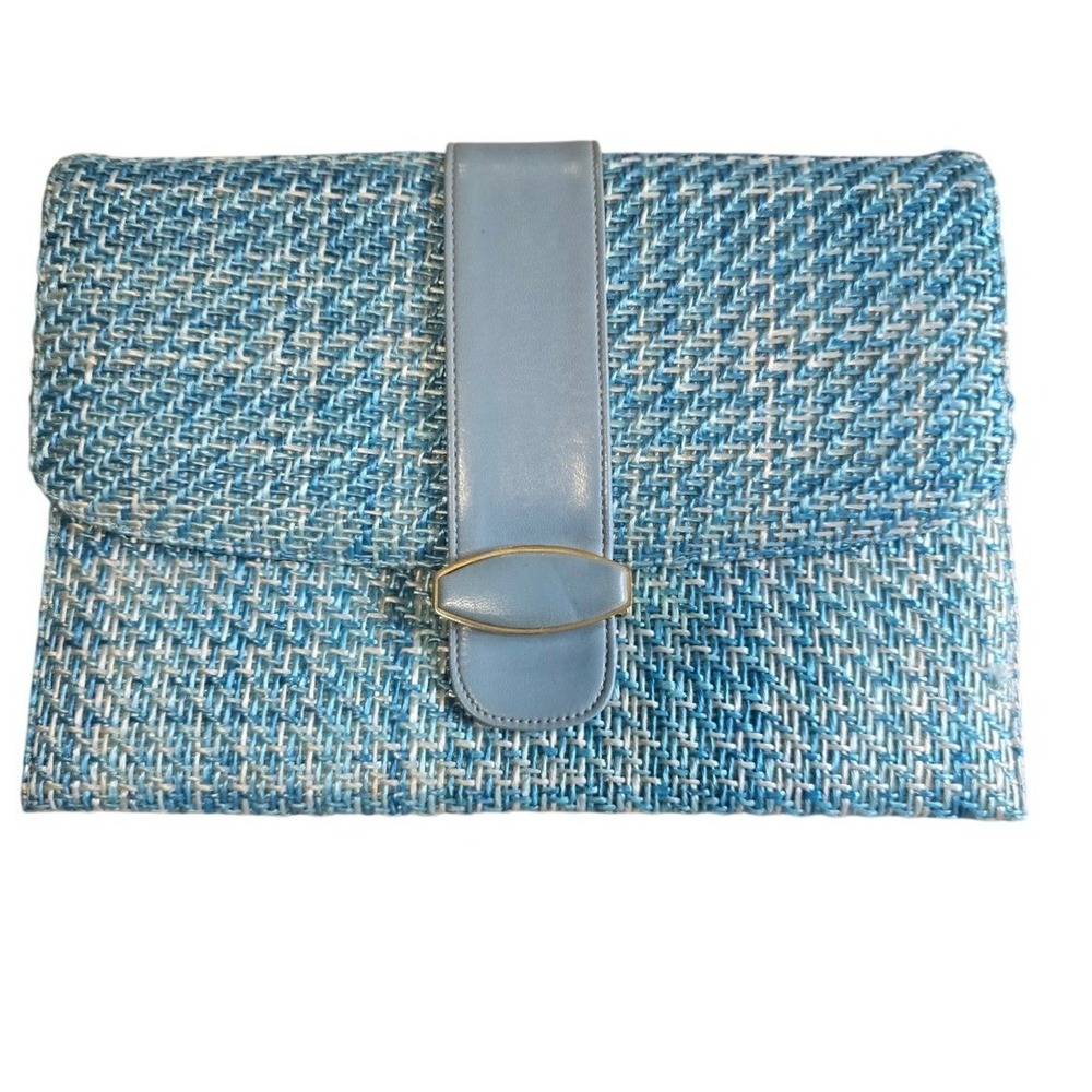Mastercraft Leather Vintage Woven Blue White Clutch Bag Made in Canada Gold Trim